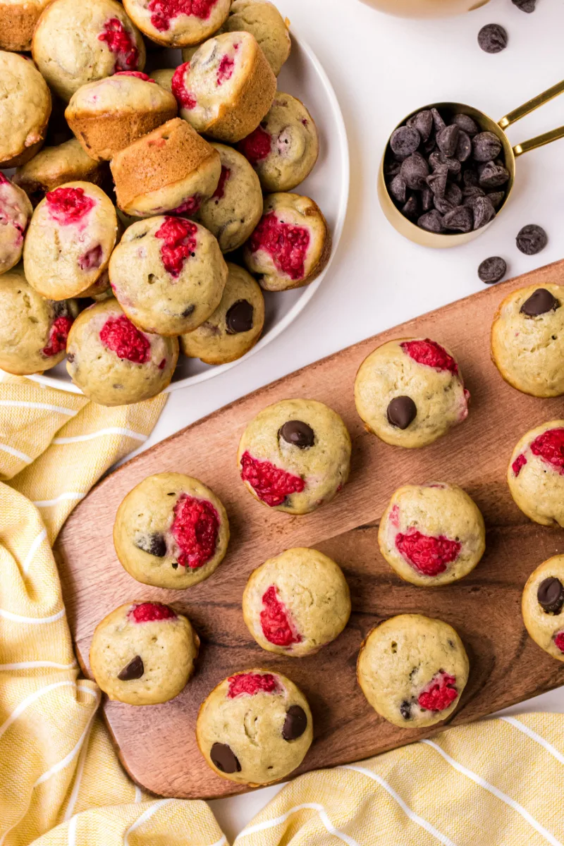 raspberry dark chocolate banana bread muffins on board