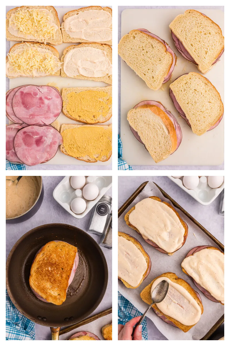 four photos showing how to make a croque madame