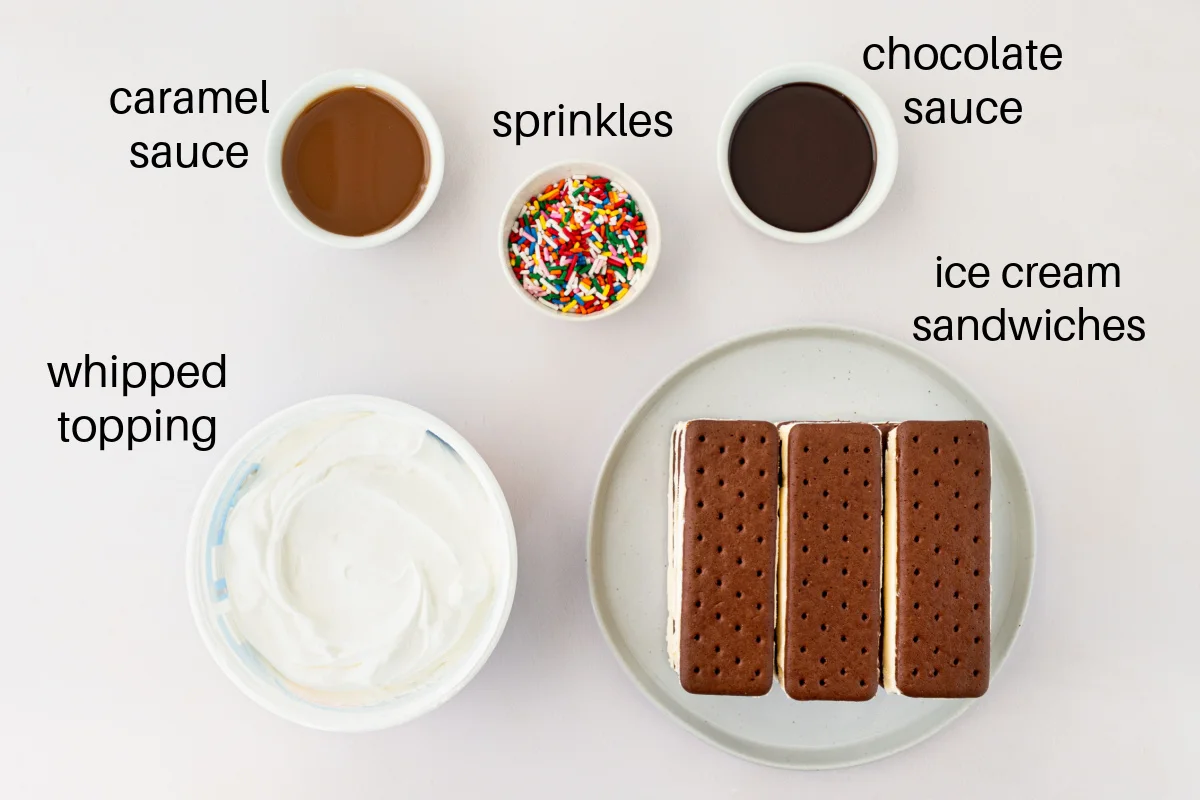 15 Minute Easy Ice Cream Cake recipe using ice cream sandwiches! recipe from RecipeBoy.com ingredients displayed for making easy ice cream sandwich cake
