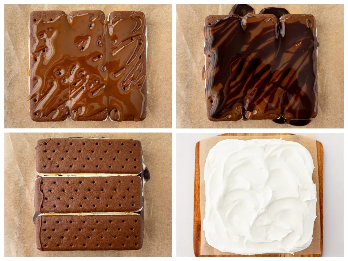 15 Minute Easy Ice Cream Cake recipe using ice cream sandwiches! recipe from RecipeBoy.com four photos showing creation of ice cream sandwich cake