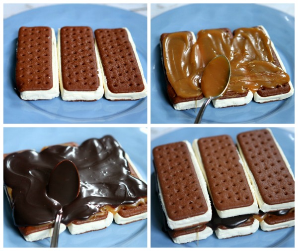 process showing how to make an ice cream sandwich cake- ice cream sandwiches stacked with hot fudge and caramel in between