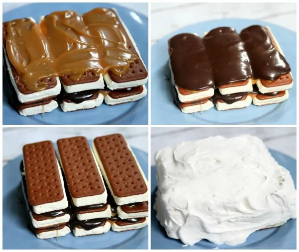 process showing assembly of an ice cream sandwich cake- ice cream sandwiches stacked with hot fudge and caramel in between and covered with whipped cream