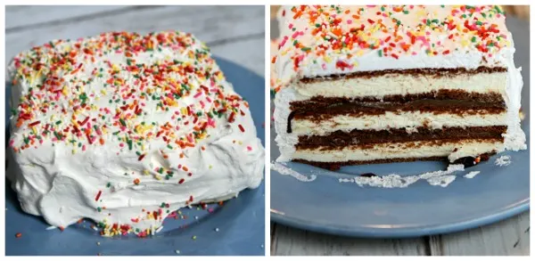 two photos showing an ice cream sandwich cake with rainbow sprinkles and a sliced open view of the cake too-- both on a blue plate