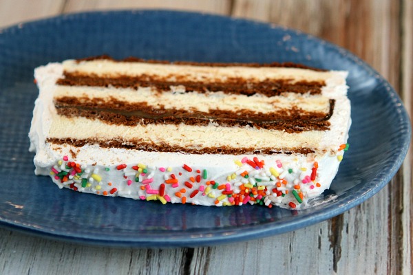 slice of ice cream sandwich cake on a blue plate