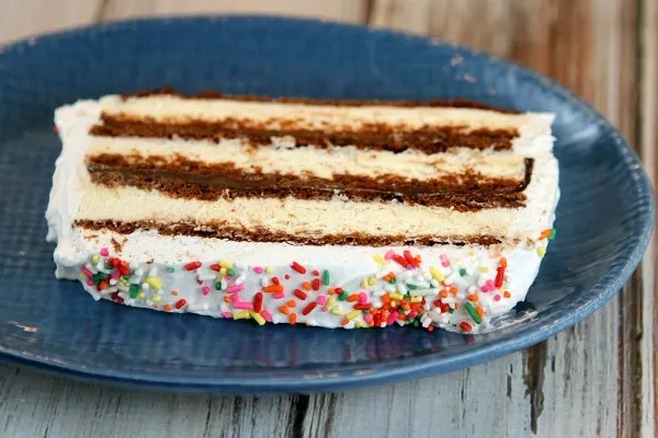 slice of ice cream sandwich cake on a blue plate
