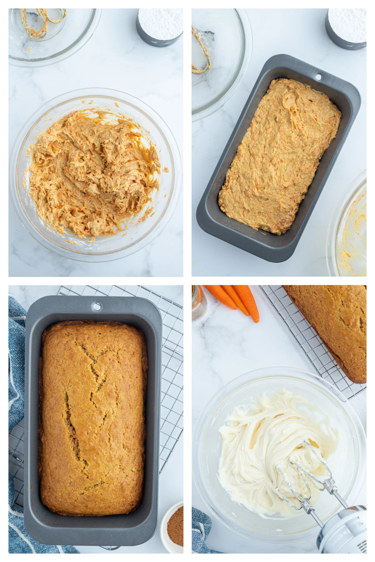 four photos showing how to make carrot loaf cake and frosting