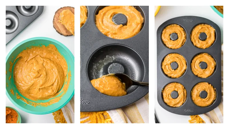 three photos showing pumpkin batter then batter in doughnut pan then pan ready for baking
