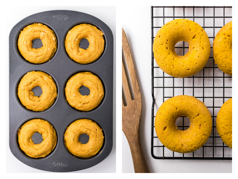 two photos showing baked pumpkin donuts in a pan and then cooling on a rack