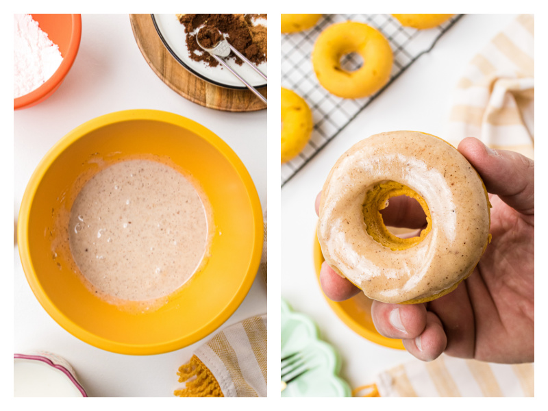 two photos showing glaze in a bowl and then pumpkin donut dipped in glaze