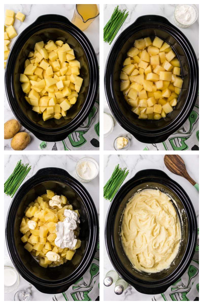 four photos showing process of making slow cooker mashed potatoes