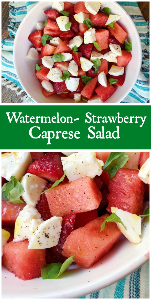 Watermelon Strawberry Caprese Salad recipe from RecipeBoy.com #watermelon #strawberry #caprese #salad #RecipeBoy
