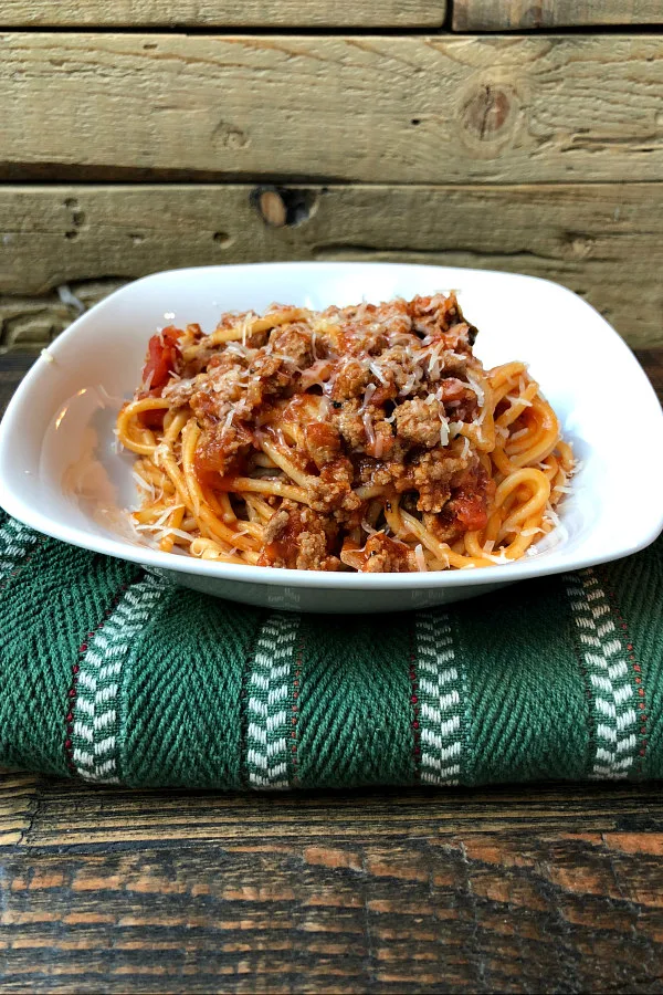 Bowl of Instant Pot Spaghetti with Meat Sauce