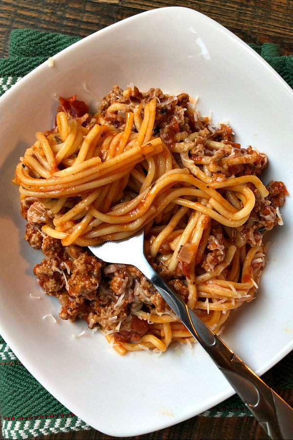 bowl of Instant Pot Spaghetti with Meat Sauce