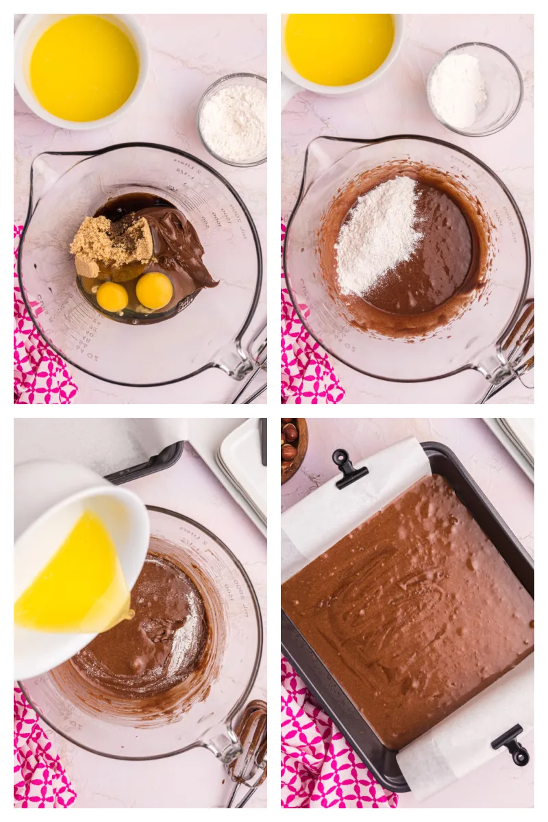 four photos showing how to make brownie batter