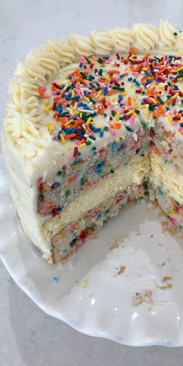 Peek at the middle of Funfetti Cheesecake Cake