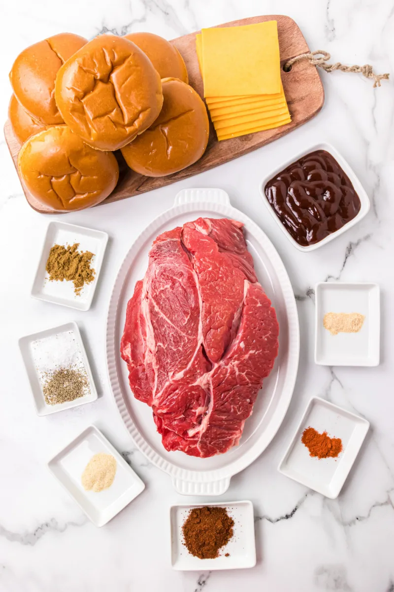 ingredients displayed for making tex mex shredded beef sandwiches