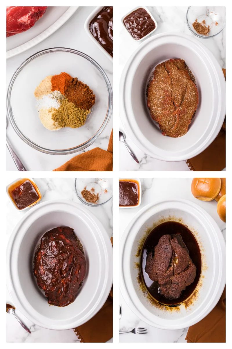 four photos showing how to make tex mex shredded beef in slow cooker