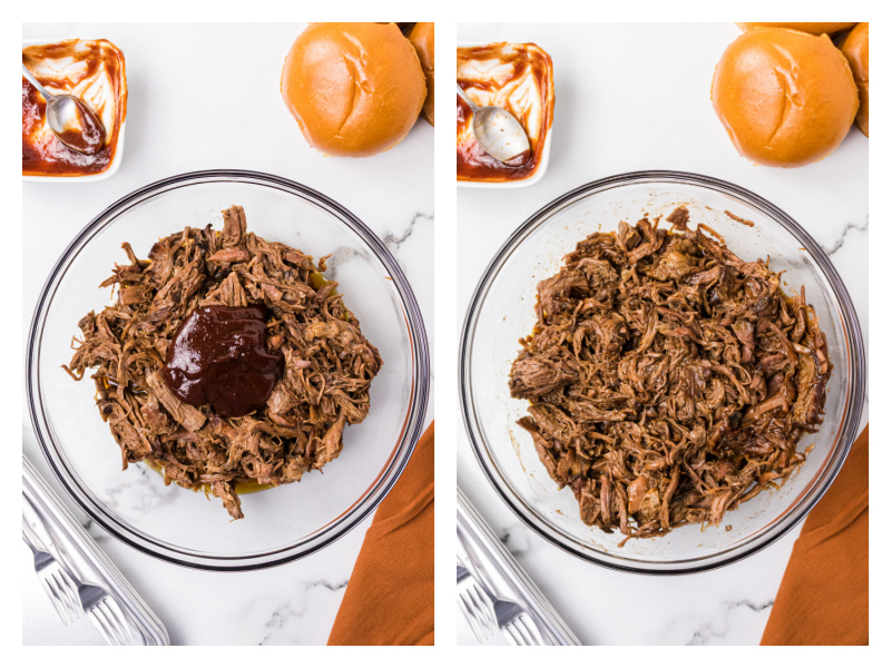shredded beef in bowl with barbecue sauce