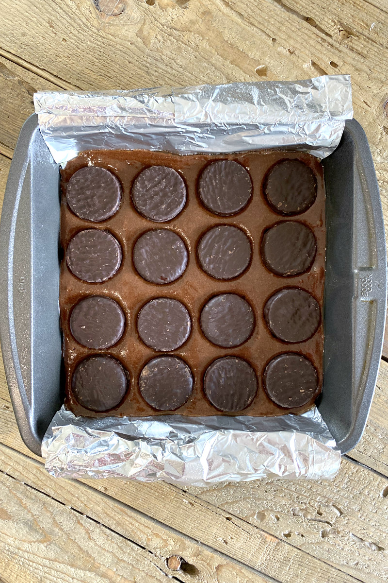 Adding York Peppermint Patties to brownies