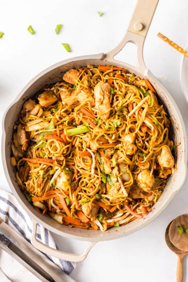 pan full of easy chicken chow mein