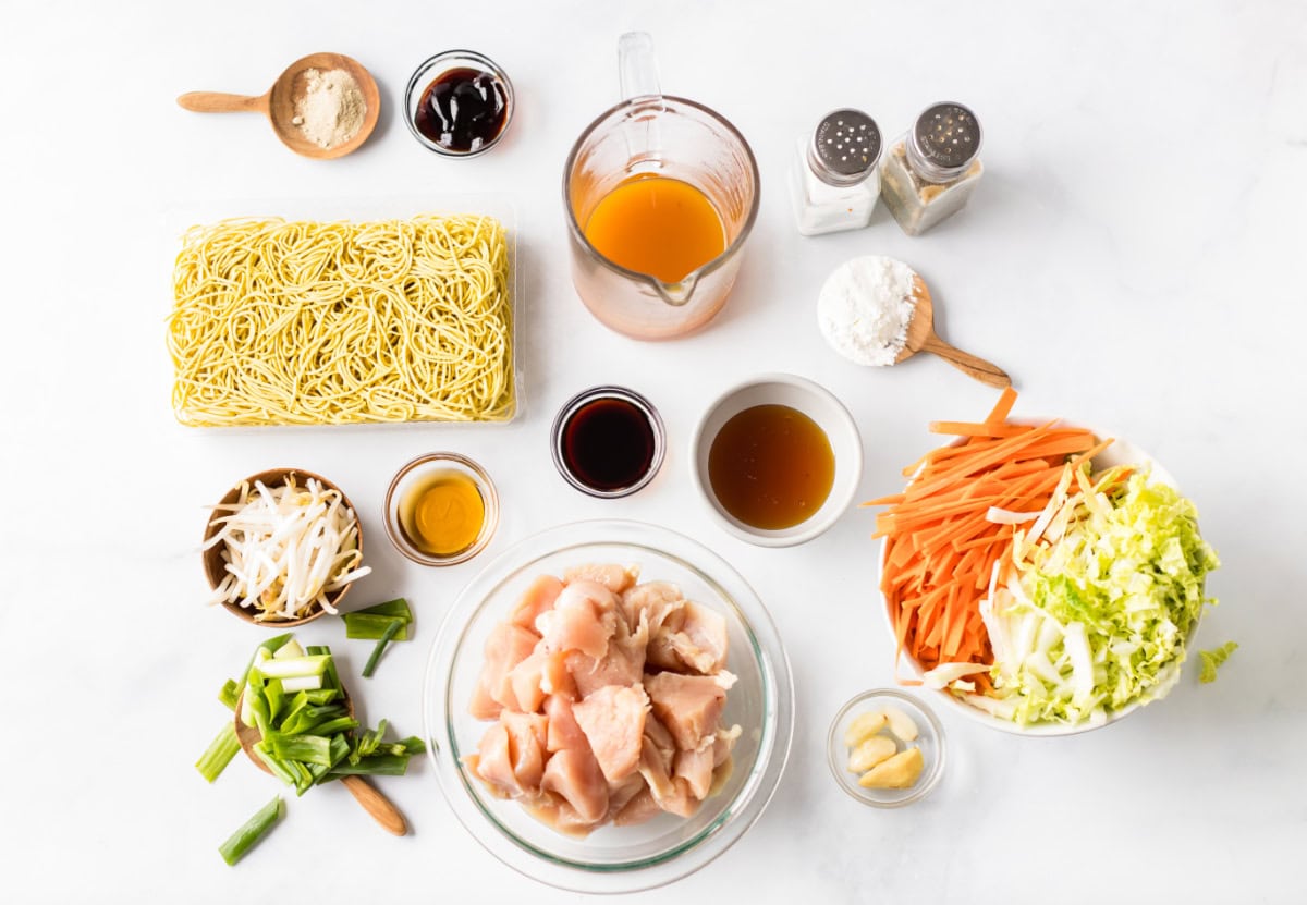 Super easy, family friendly dinner recipe! Recipe from RecipeBoy.com. ingredients displayed for making easy chicken chow mein