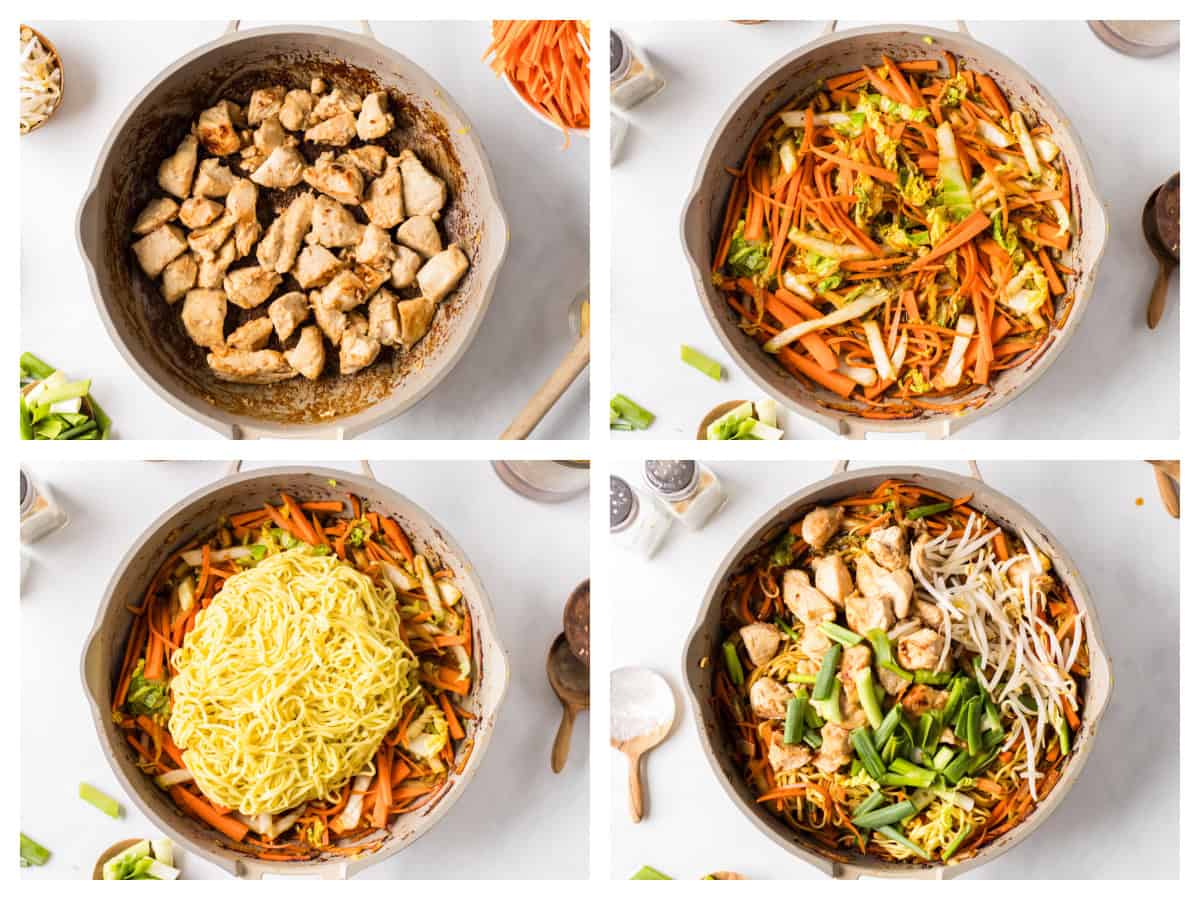 Super easy, family friendly dinner recipe! Recipe from RecipeBoy.com. four photos showing how to make easy chicken chow mein
