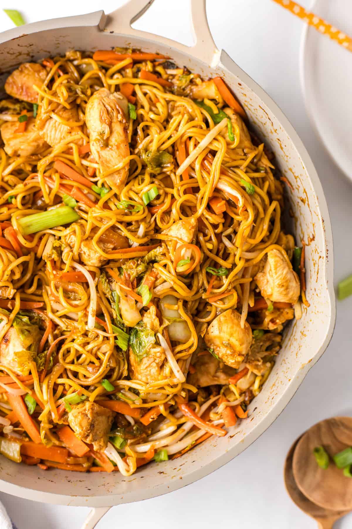 Super easy, family friendly dinner recipe! Recipe from RecipeBoy.com. overhead shot of half pan of easy chicken chow mein
