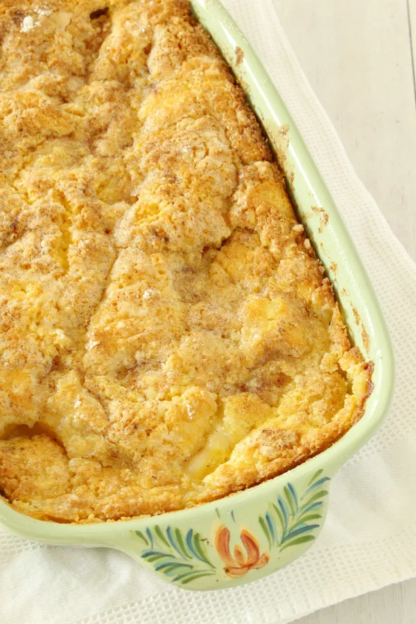 3 ingredient peach cobbler just out of the oven