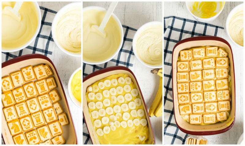 collage showing process of layering banana pudding in a serving dish