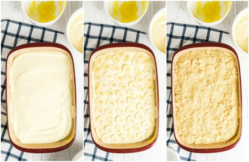 collage showing how to layer banana pudding in a serving dish