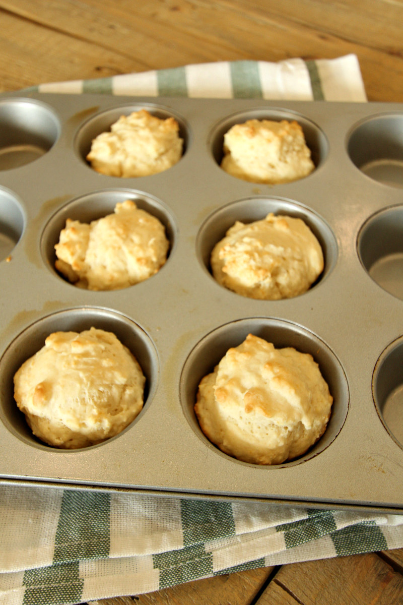 No Yeast Dinner Rolls in muffin tin sitting on green and white striped cloth