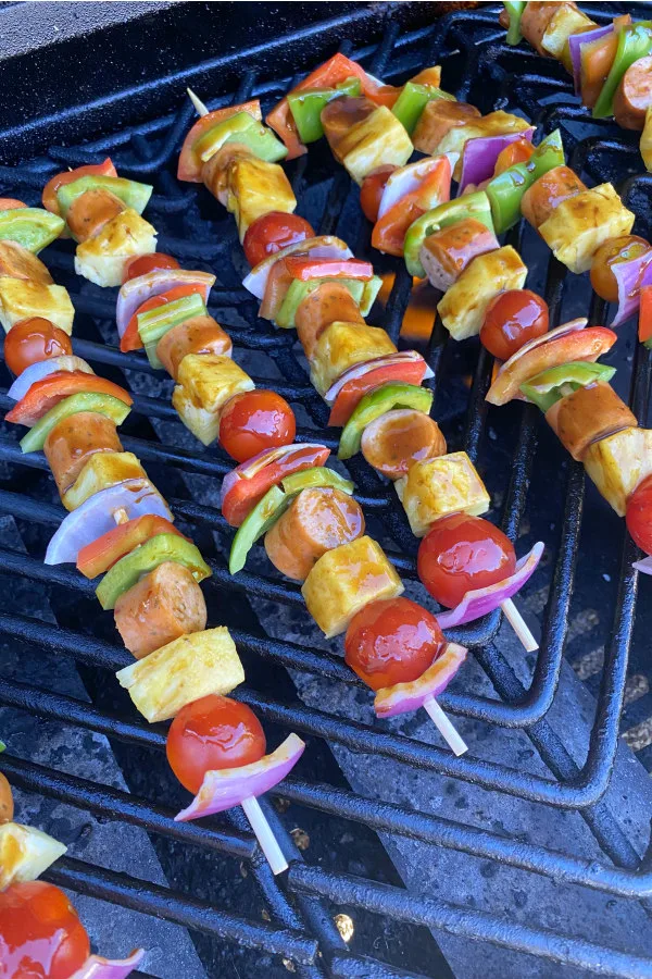hawaiian chicken sausage kabobs on the grill