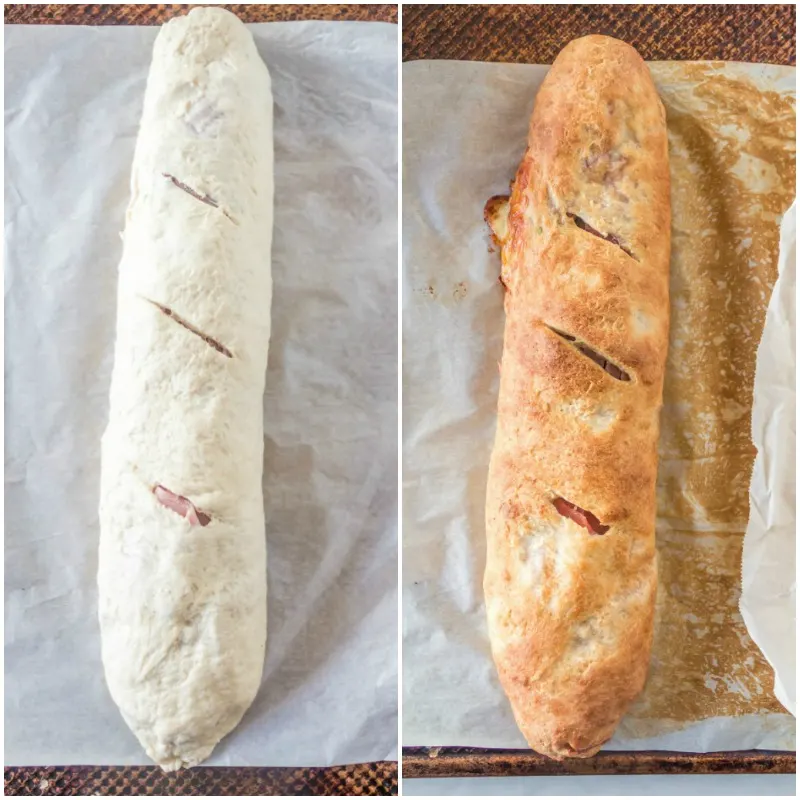 two photos showing loaf of stromboli before and after baking