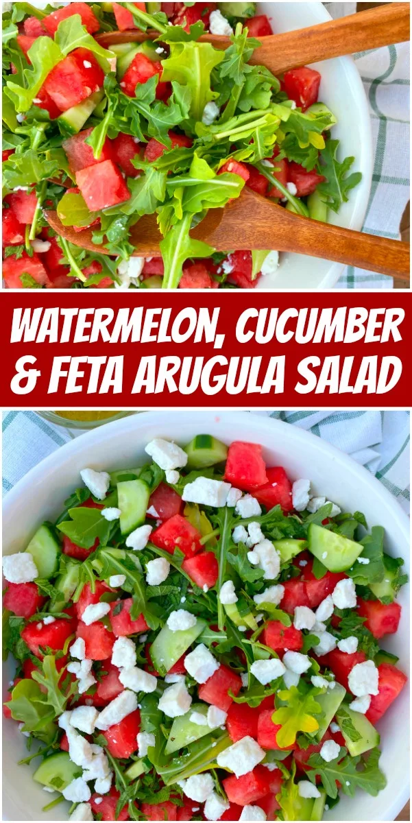 pinterest collage image for watermelon cucumber and feta arugula salad