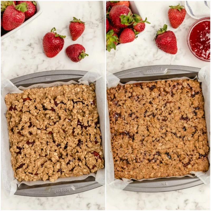 granola bars in the pan ready for the oven and the baked pan too