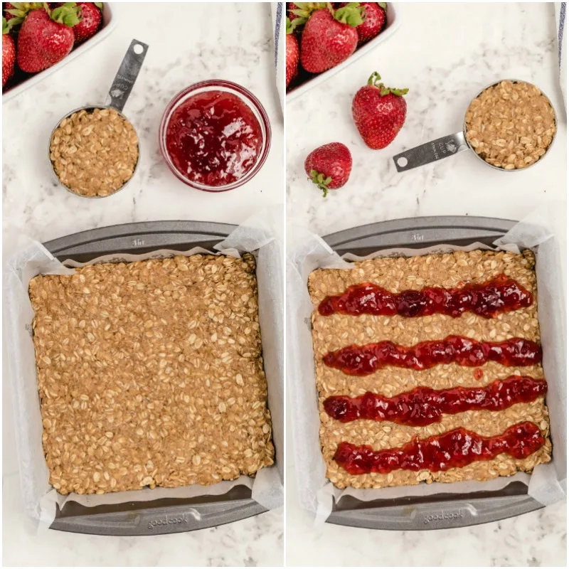 granola bars pressed into pan and jelly drizzled on top