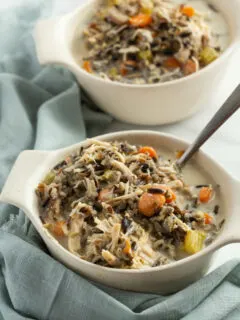 chicken and wild rice soup in a white bowl