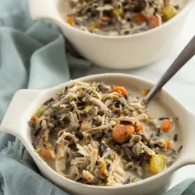 chicken and wild rice soup in a white bowl