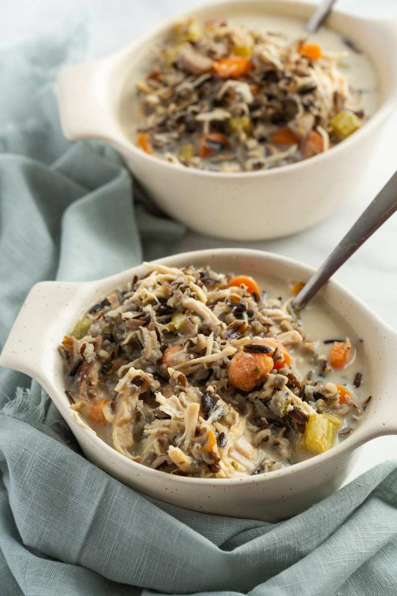 chicken and wild rice soup in a white bowl