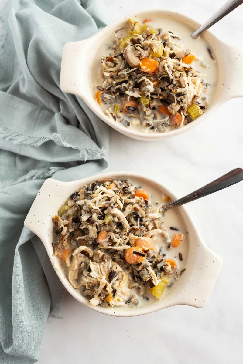 instant pot chicken and wild rice soup in white bowls