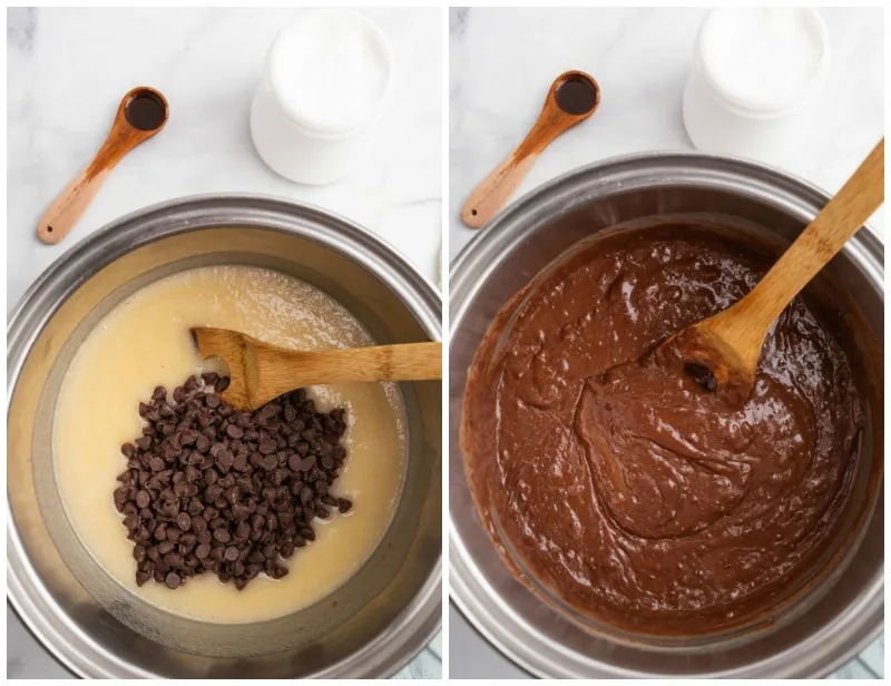 process of making fudge melting ingredients together in pan