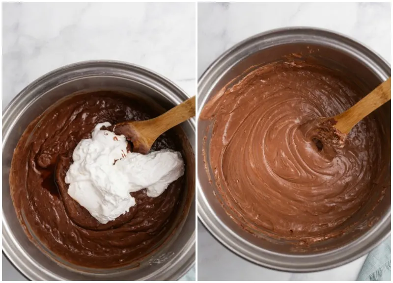 process of making fudge adding marshmallow cream to chocolate in pan