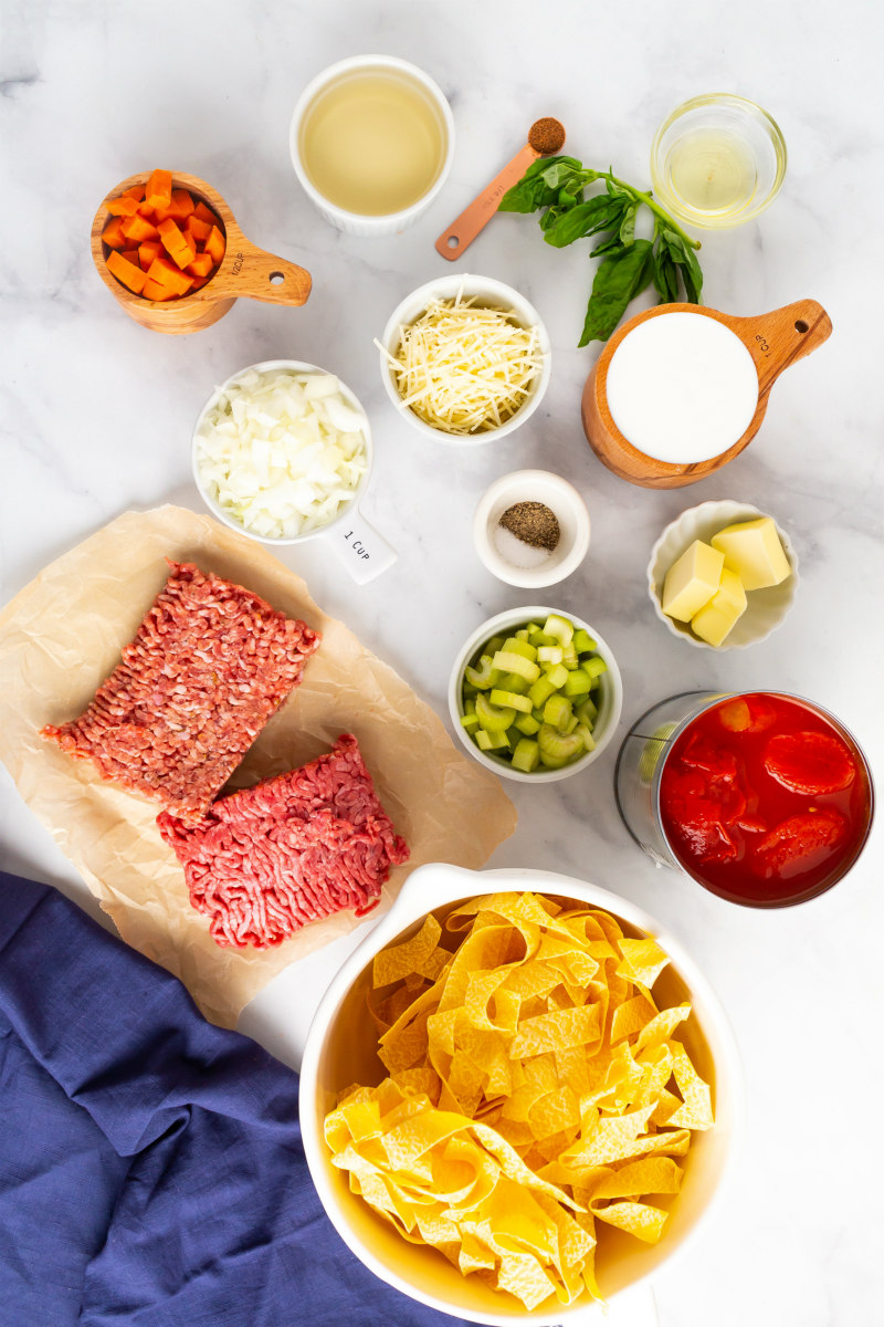 ingredients displayed for pappardelle bolognese