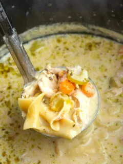 ladle full of turkey soup over pot