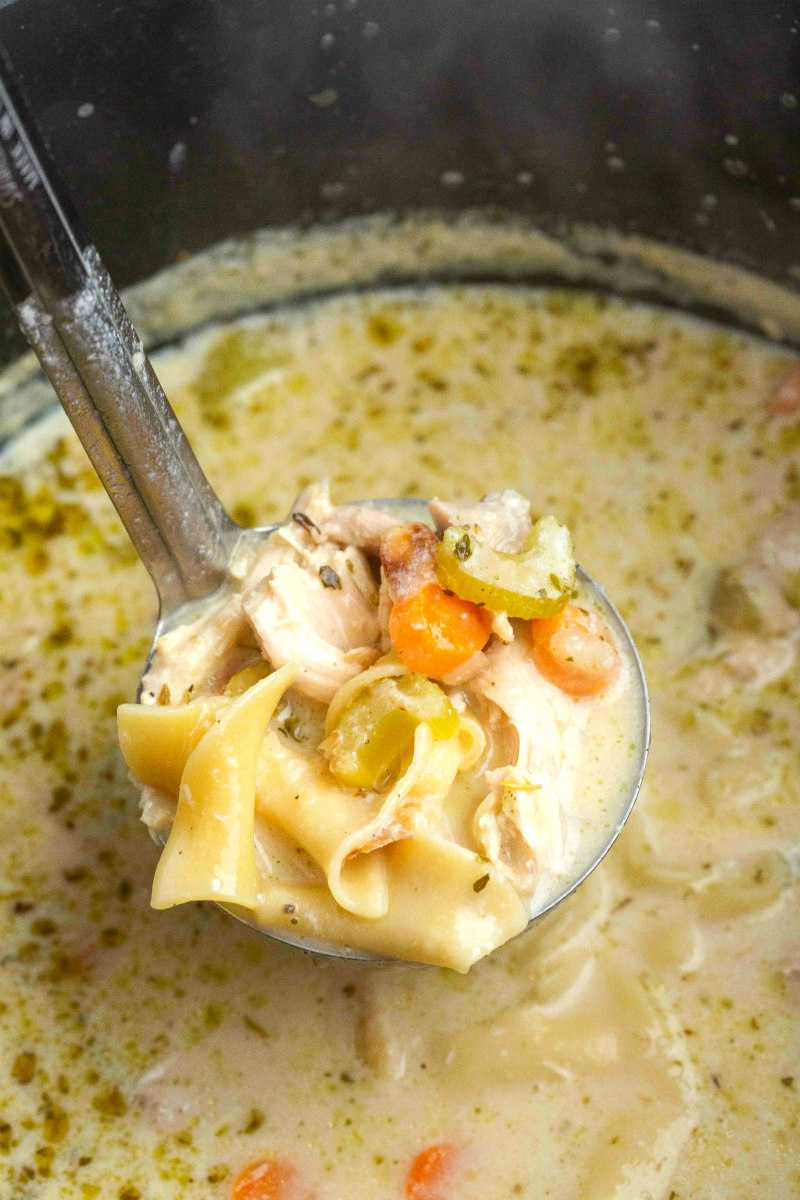 ladle full of turkey soup over pot