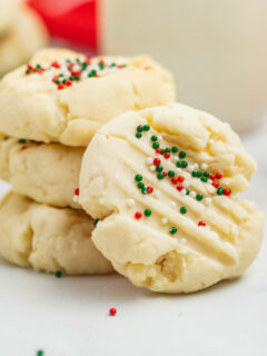 christmas shortbread cookies displayed in a stack