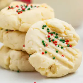 christmas shortbread cookies displayed in a stack