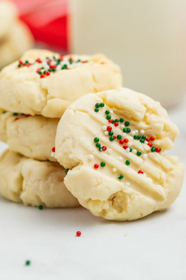 christmas shortbread cookies displayed in a stack