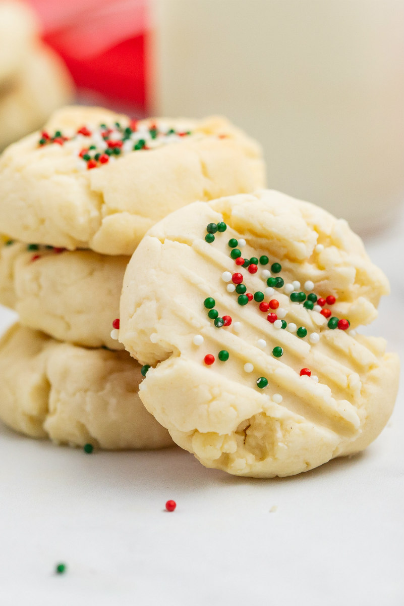 christmas shortbread cookies displayed in a stack