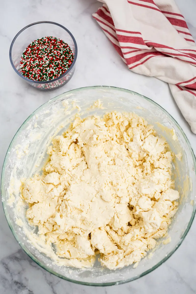 dough for shortbread cookies in glass bowl